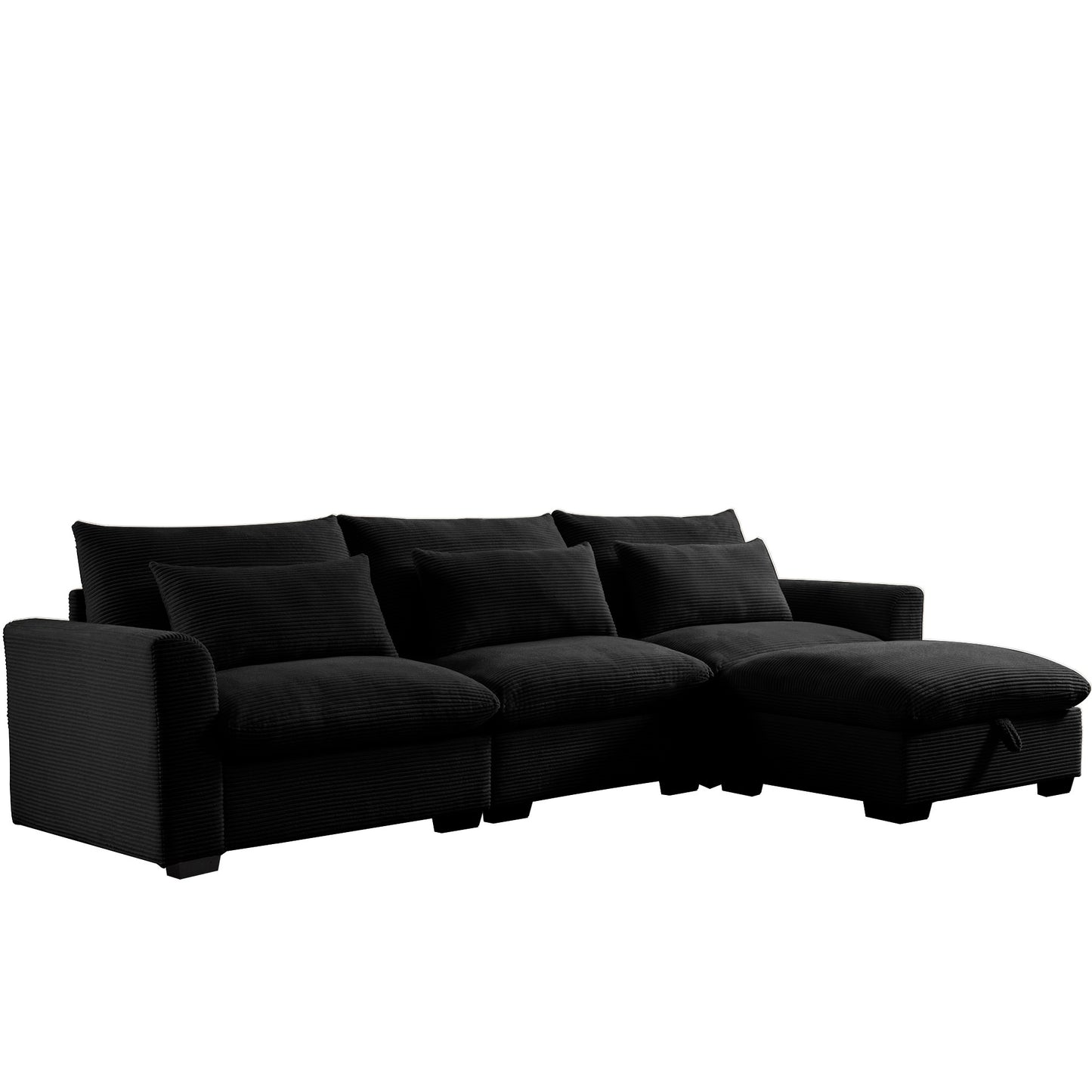 L-Shaped Corduroy Sectional Sofa Couch w/Storage Footstool and 3 Pillow-Black or Beige