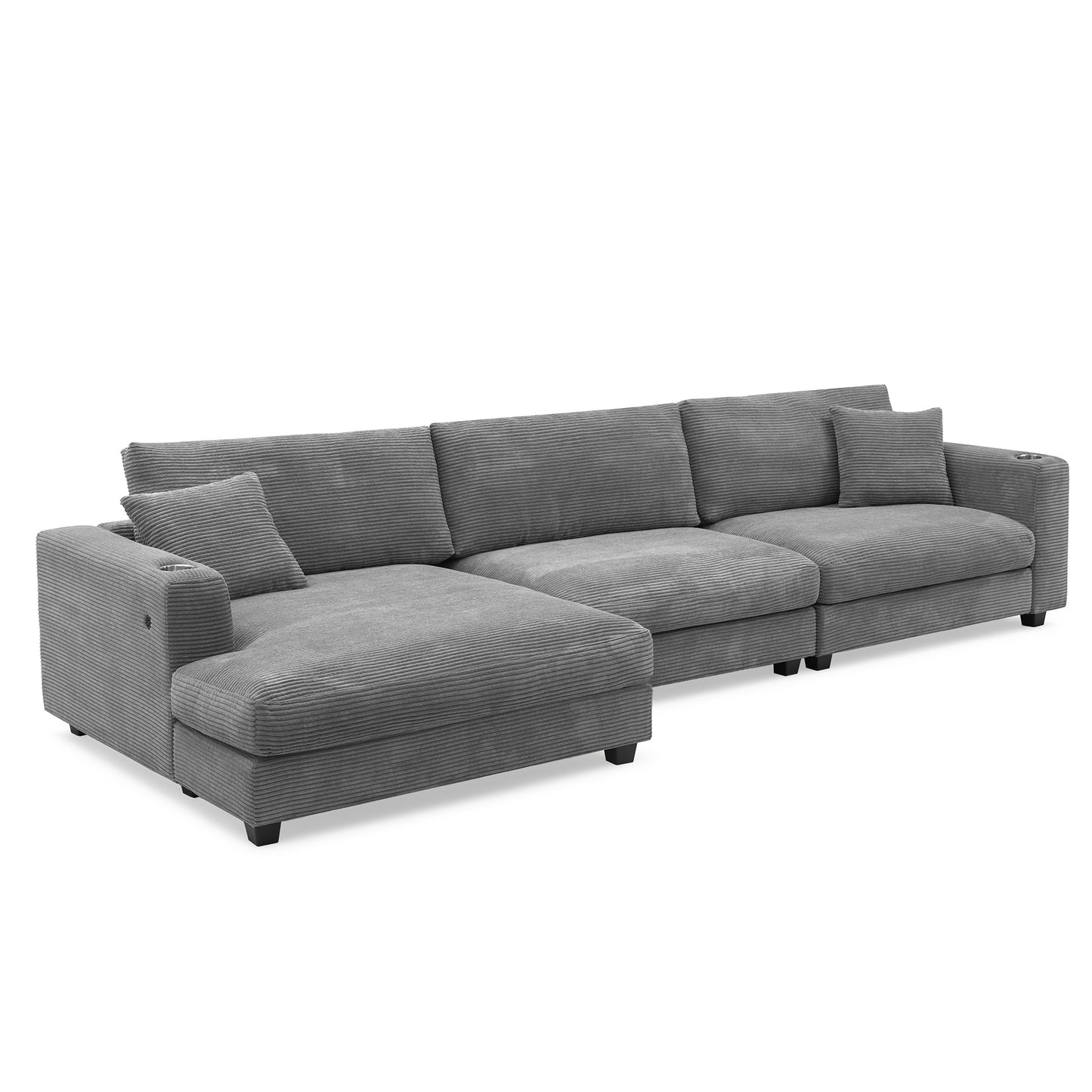 Oversized Corduroy Sectional Sofa, L Shaped Cloud Couch w/USB Charging Port, Cup Holder, Deep Seat Sofa Bed w/50" Chaise-Beige, Gray or Khaki