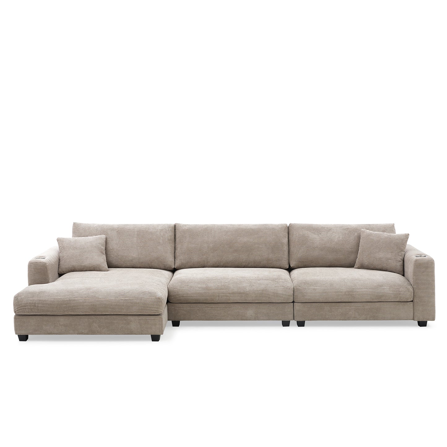 Oversized Corduroy Sectional Sofa, L Shaped Cloud Couch w/USB Charging Port, Cup Holder, Deep Seat Sofa Bed w/50" Chaise-Beige, Gray or Khaki