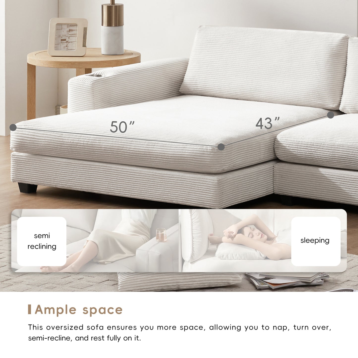 Oversized Corduroy Sectional Sofa, L Shaped Cloud Couch w/USB Charging Port, Cup Holder, Deep Seat Sofa Bed w/50" Chaise-Beige, Gray or Khaki