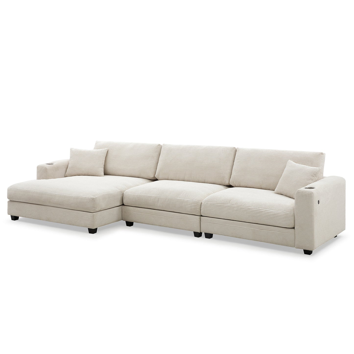 Oversized Corduroy Sectional Sofa, L Shaped Cloud Couch w/USB Charging Port, Cup Holder, Deep Seat Sofa Bed w/50" Chaise-Beige, Gray or Khaki
