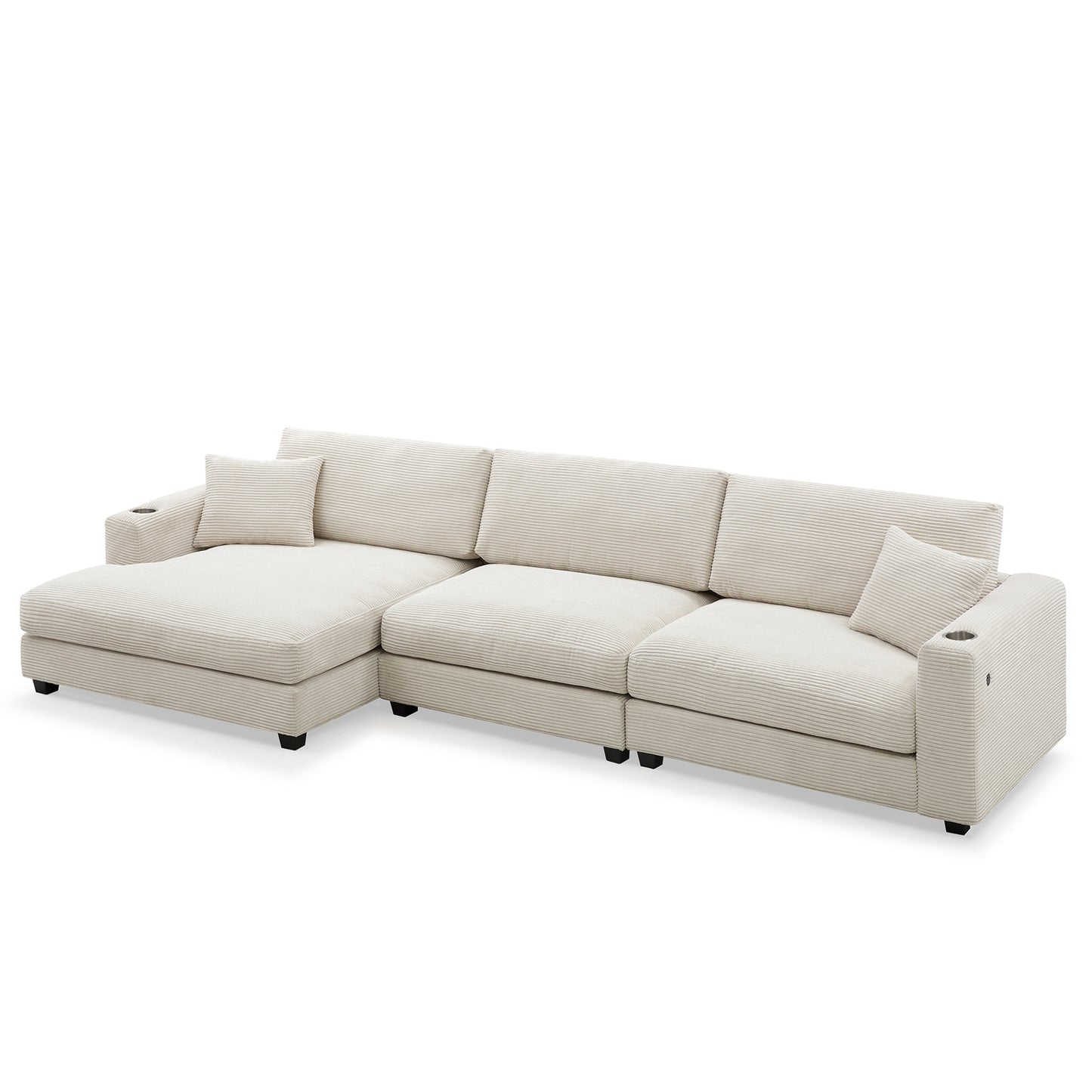 Oversized Corduroy Sectional Sofa, L Shaped Cloud Couch w/USB Charging Port, Cup Holder, Deep Seat Sofa Bed w/50" Chaise-Beige, Gray or Khaki