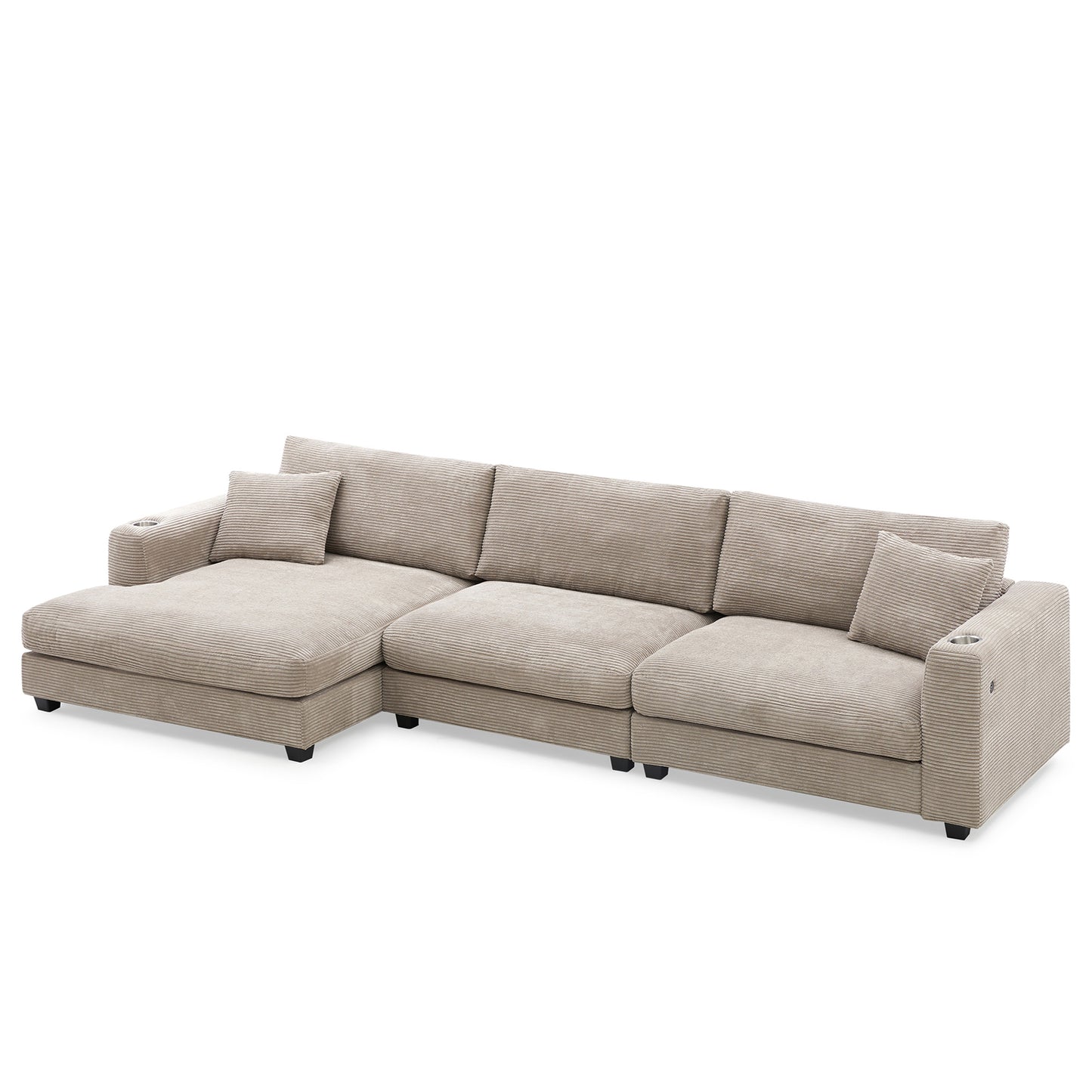 Oversized Corduroy Sectional Sofa, L Shaped Cloud Couch w/USB Charging Port, Cup Holder, Deep Seat Sofa Bed w/50" Chaise-Beige, Gray or Khaki