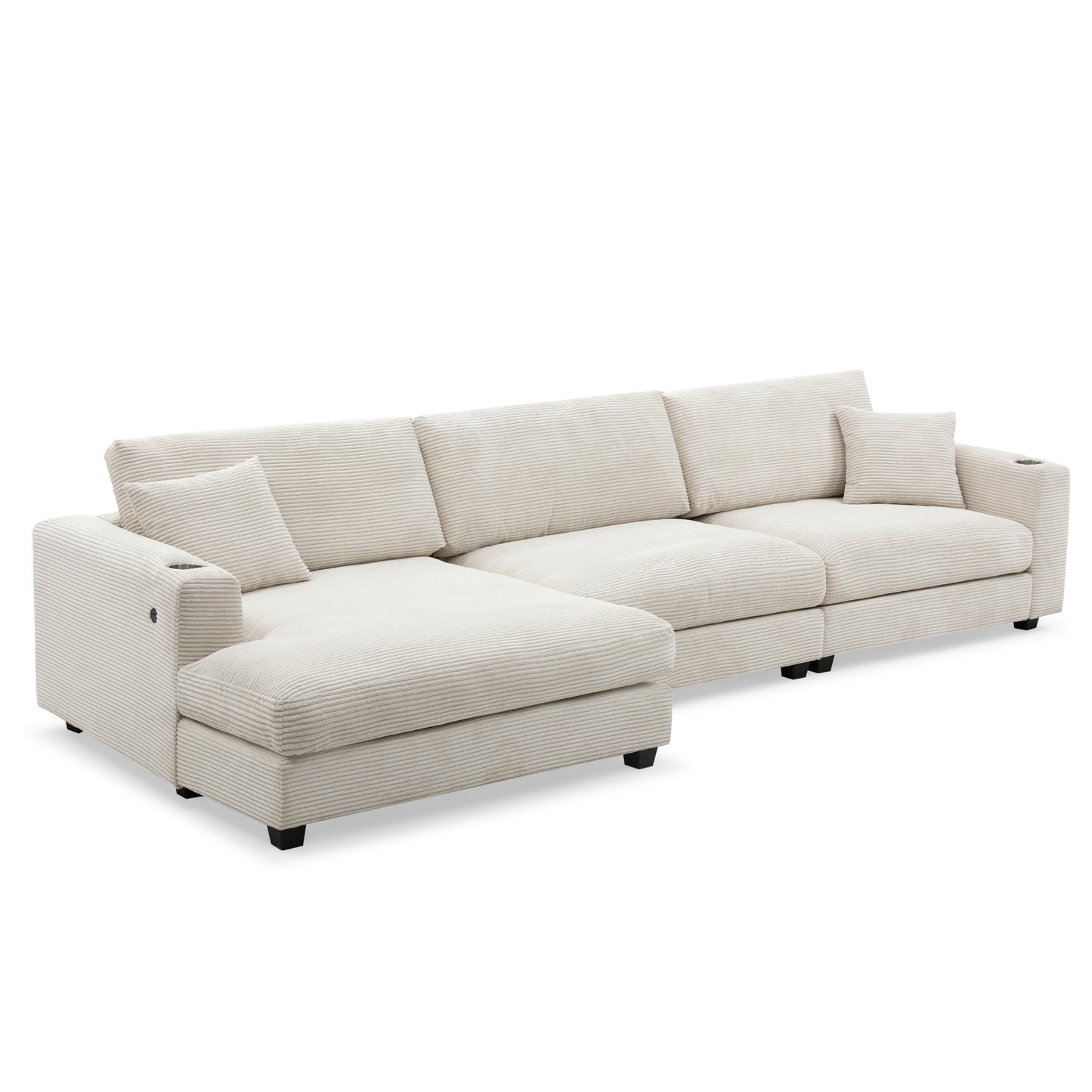 Oversized Corduroy Sectional Sofa, L Shaped Cloud Couch w/USB Charging Port, Cup Holder, Deep Seat Sofa Bed w/50" Chaise-Beige, Gray or Khaki