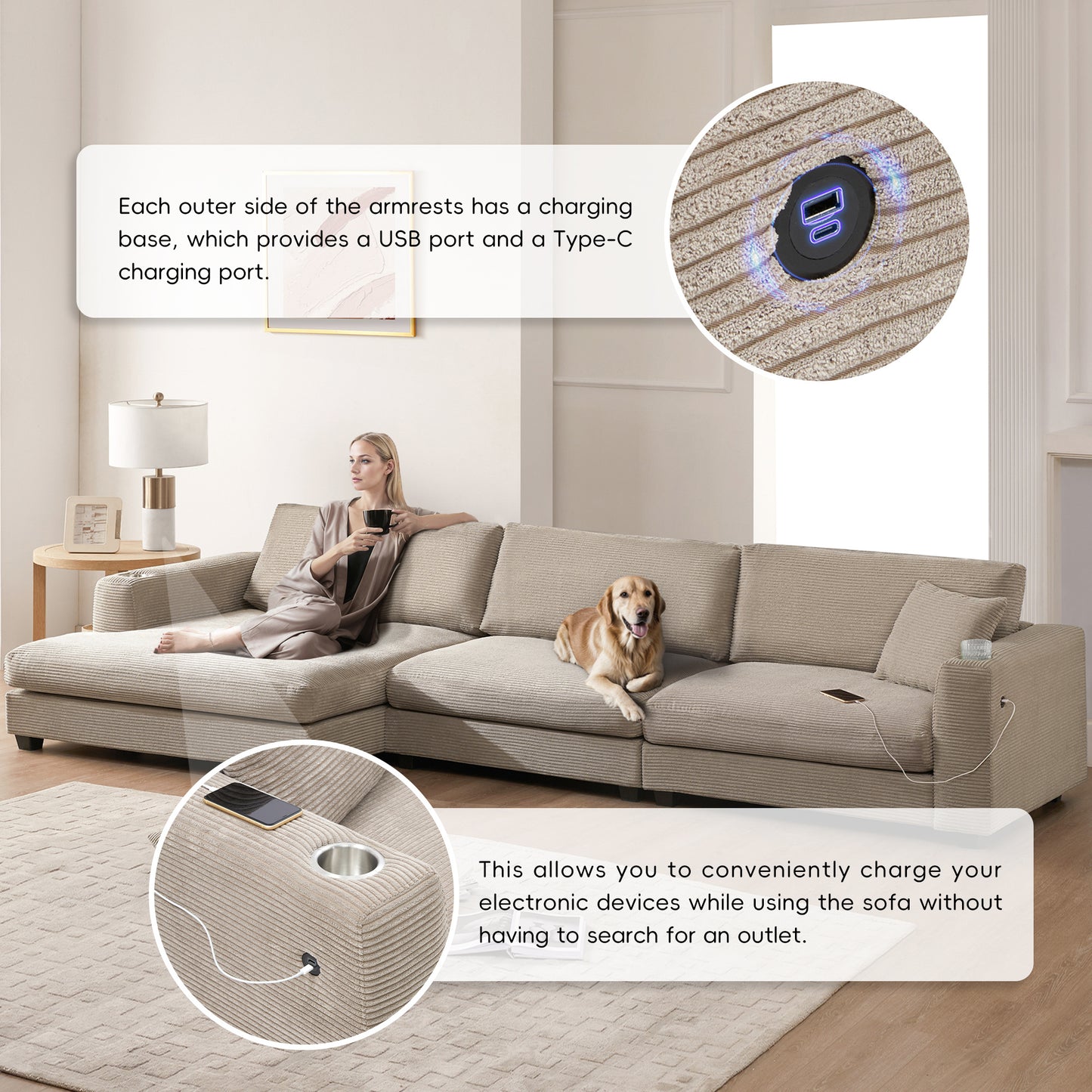 Oversized Corduroy Sectional Sofa, L Shaped Cloud Couch w/USB Charging Port, Cup Holder, Deep Seat Sofa Bed w/50" Chaise-Beige, Gray or Khaki