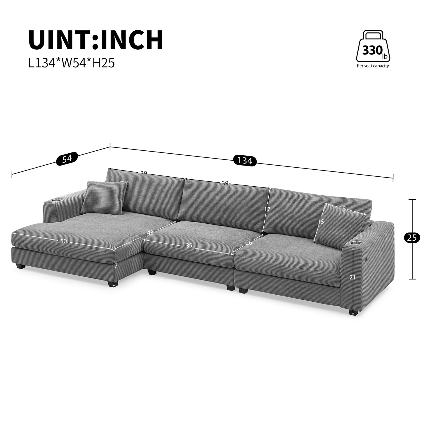 Oversized Corduroy Sectional Sofa, L Shaped Cloud Couch w/USB Charging Port, Cup Holder, Deep Seat Sofa Bed w/50" Chaise-Beige, Gray or Khaki