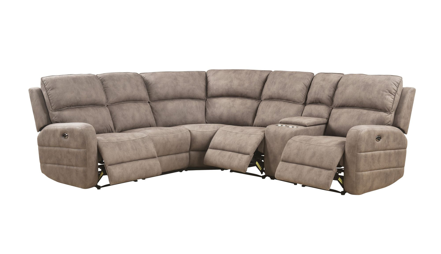 Olwen Mocha Nubuck Power Recliner Sectional Sofa w/USB Port-Mocha