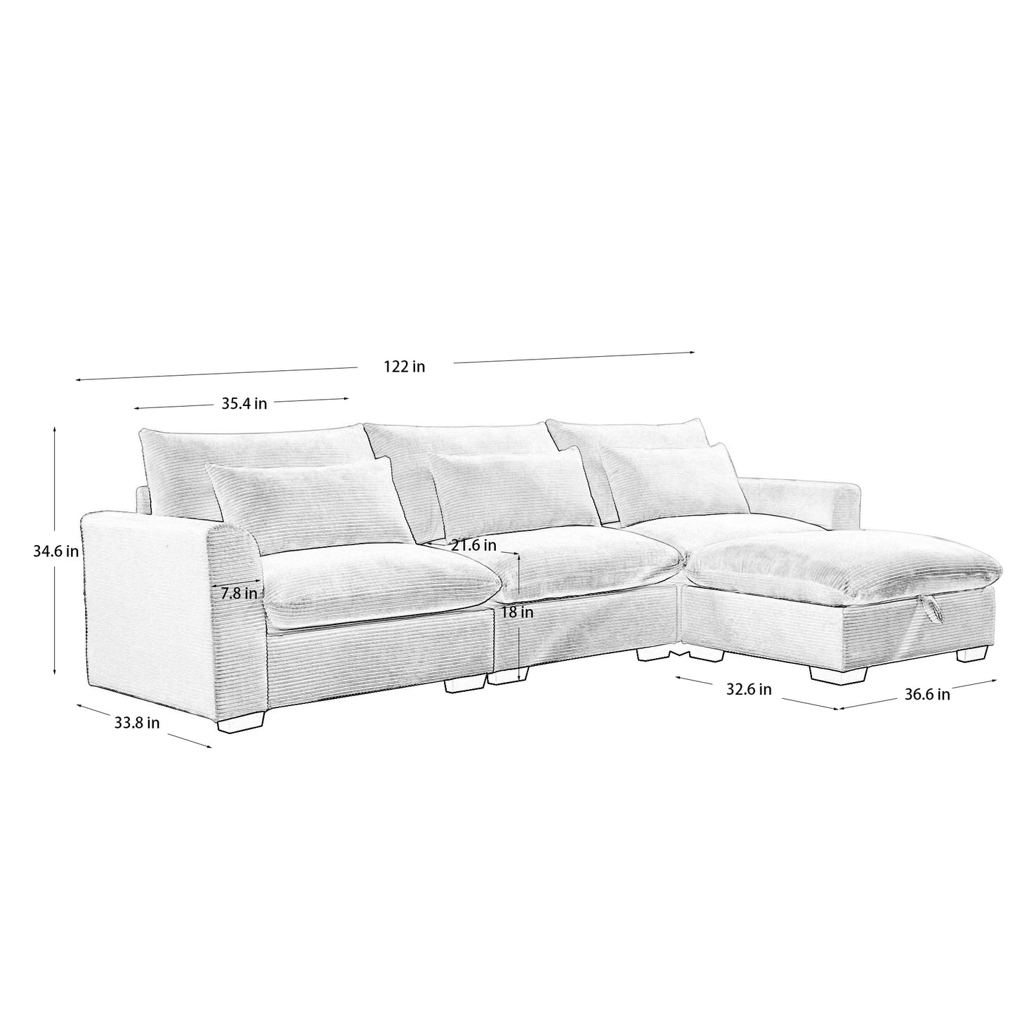 L-Shaped Corduroy Sectional Sofa Couch w/Storage Footstool and 3 Pillow-Black or Beige