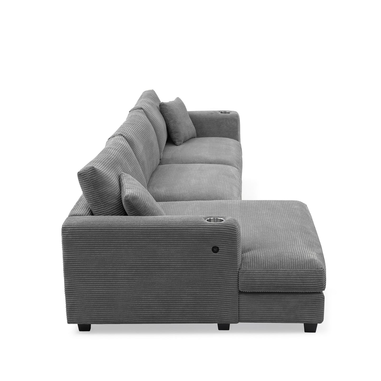 Oversized Corduroy Sectional Sofa, L Shaped Cloud Couch w/USB Charging Port, Cup Holder, Deep Seat Sofa Bed w/50" Chaise-Beige, Gray or Khaki