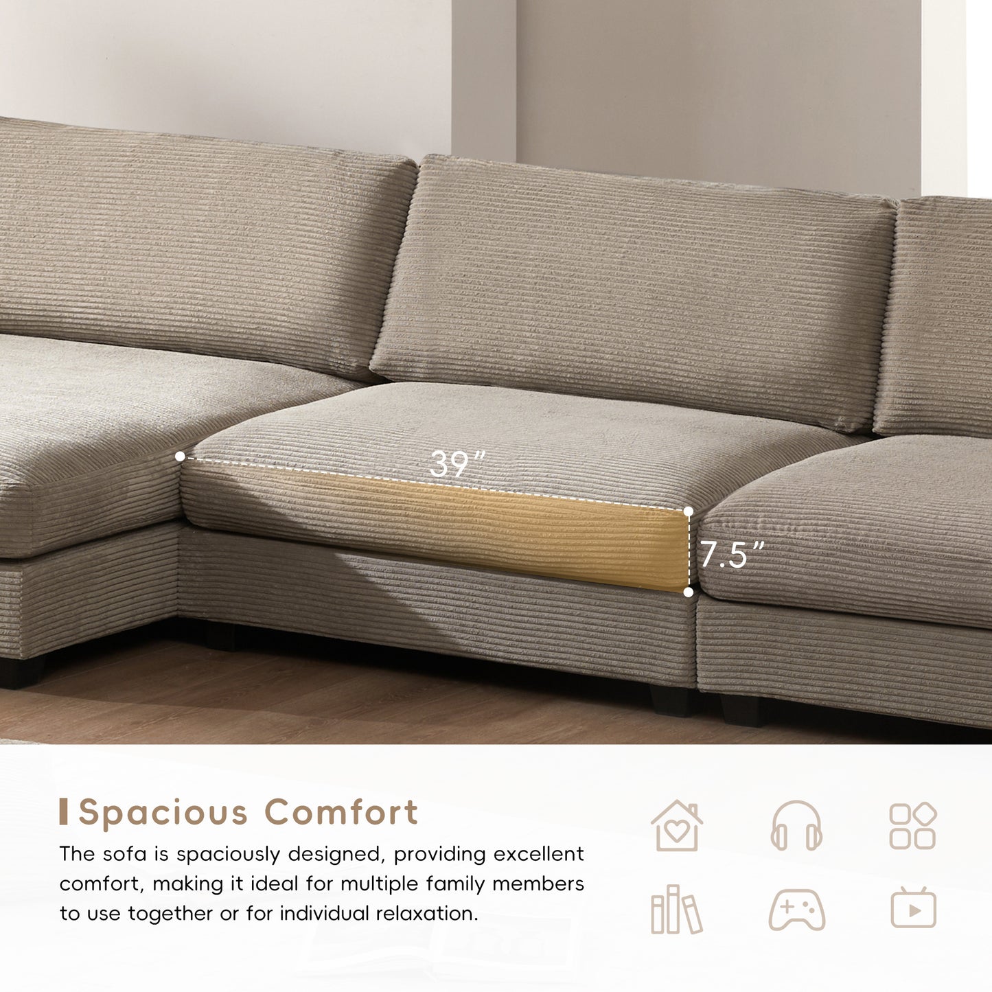 Oversized Corduroy Sectional Sofa, L Shaped Cloud Couch w/USB Charging Port, Cup Holder, Deep Seat Sofa Bed w/50" Chaise-Beige, Gray or Khaki