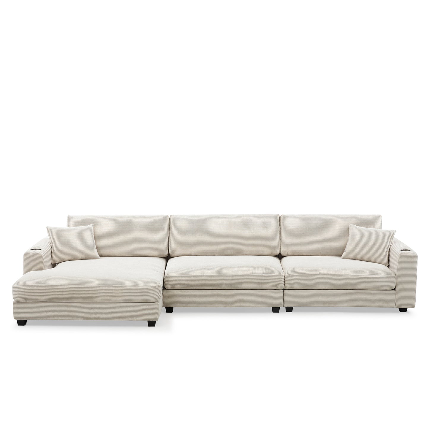 Oversized Corduroy Sectional Sofa, L Shaped Cloud Couch w/USB Charging Port, Cup Holder, Deep Seat Sofa Bed w/50" Chaise-Beige, Gray or Khaki