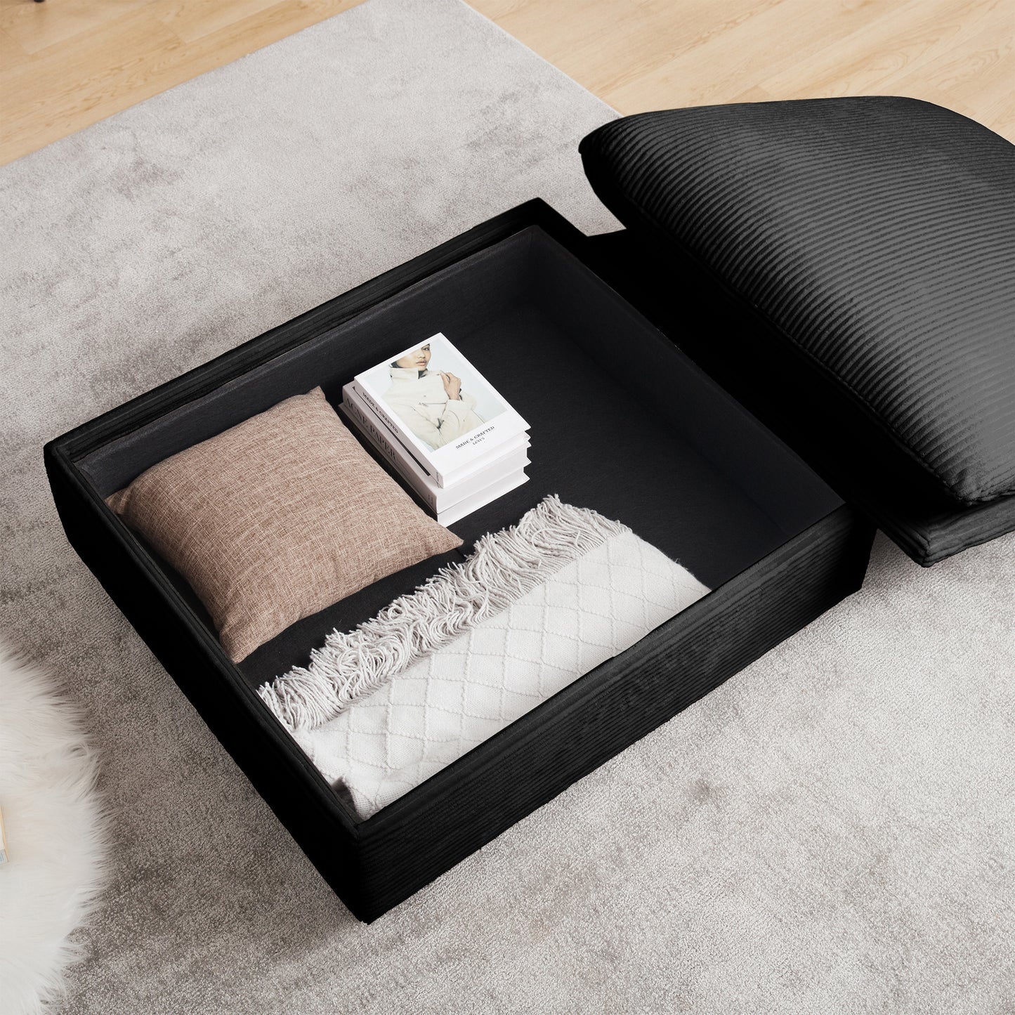 L-Shaped Corduroy Sectional Sofa Couch w/Storage Footstool and 3 Pillow-Black or Beige