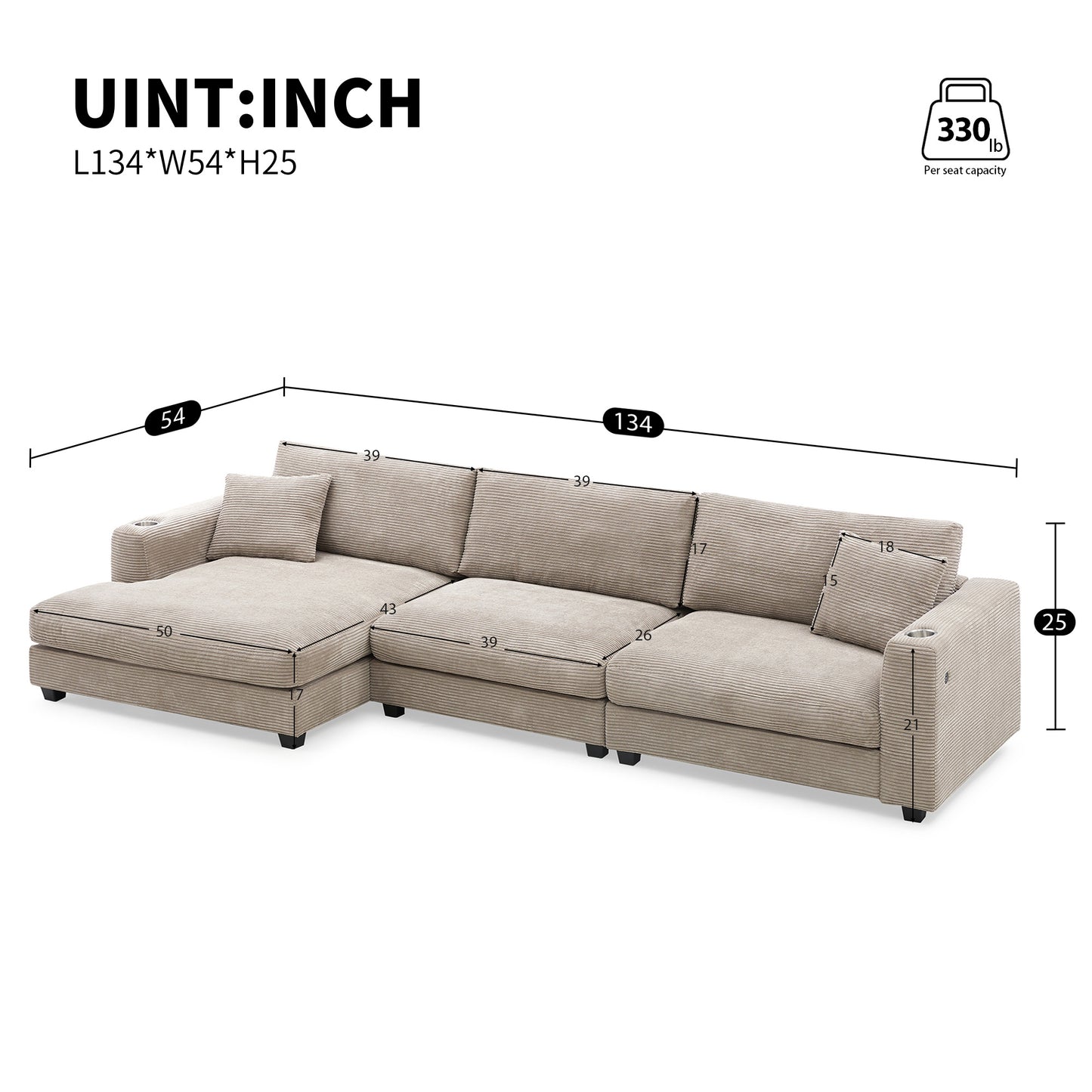 Oversized Corduroy Sectional Sofa, L Shaped Cloud Couch w/USB Charging Port, Cup Holder, Deep Seat Sofa Bed w/50" Chaise-Beige, Gray or Khaki