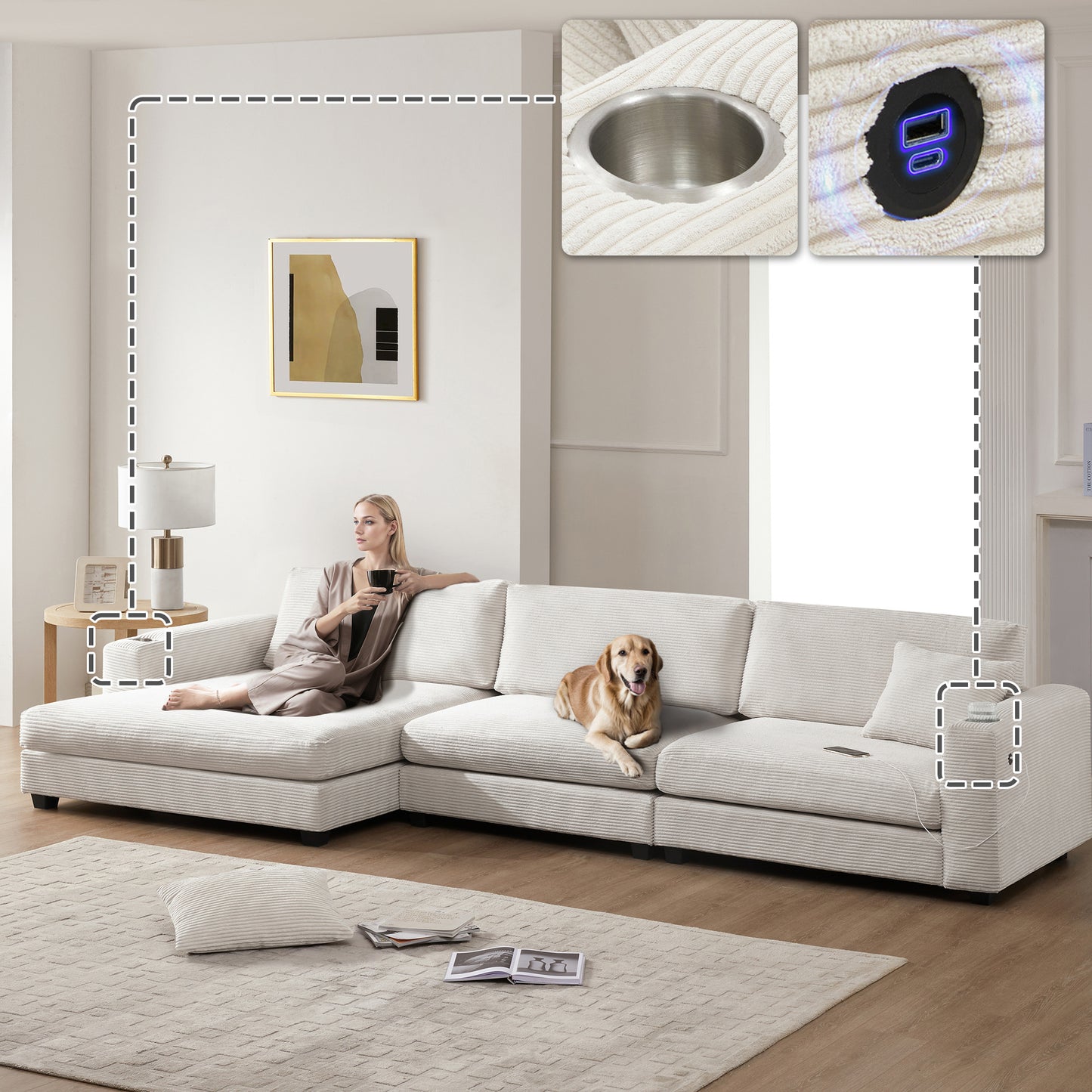 Oversized Corduroy Sectional Sofa, L Shaped Cloud Couch w/USB Charging Port, Cup Holder, Deep Seat Sofa Bed w/50" Chaise-Beige, Gray or Khaki