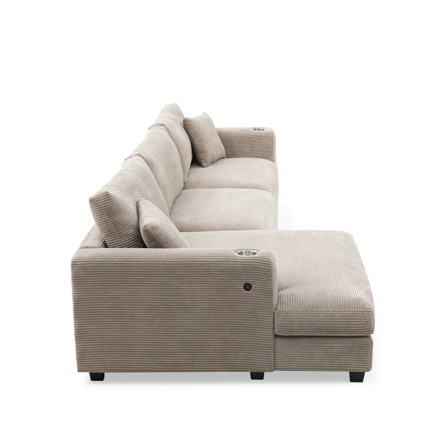 Oversized Corduroy Sectional Sofa, L Shaped Cloud Couch w/USB Charging Port, Cup Holder, Deep Seat Sofa Bed w/50" Chaise-Beige, Gray or Khaki