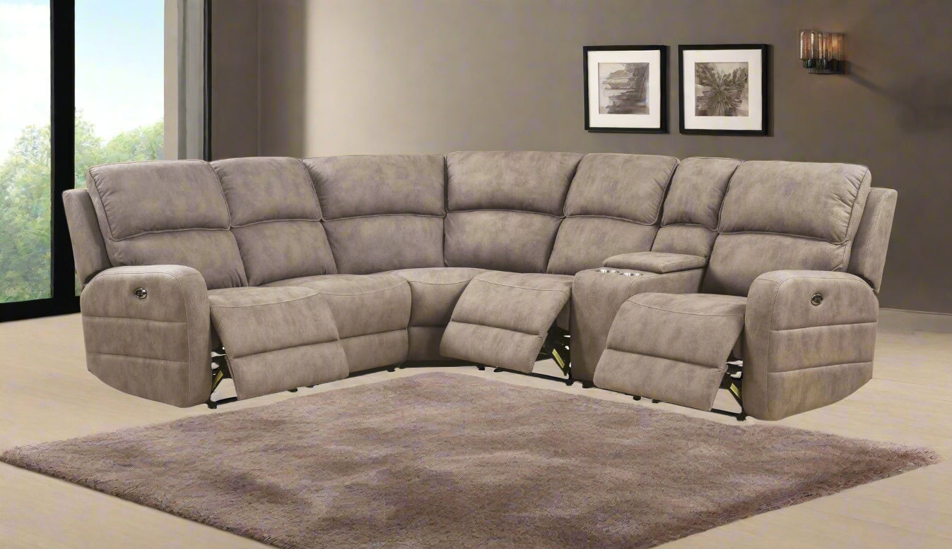 Olwen Mocha Nubuck Power Recliner Sectional Sofa w/USB Port-Mocha