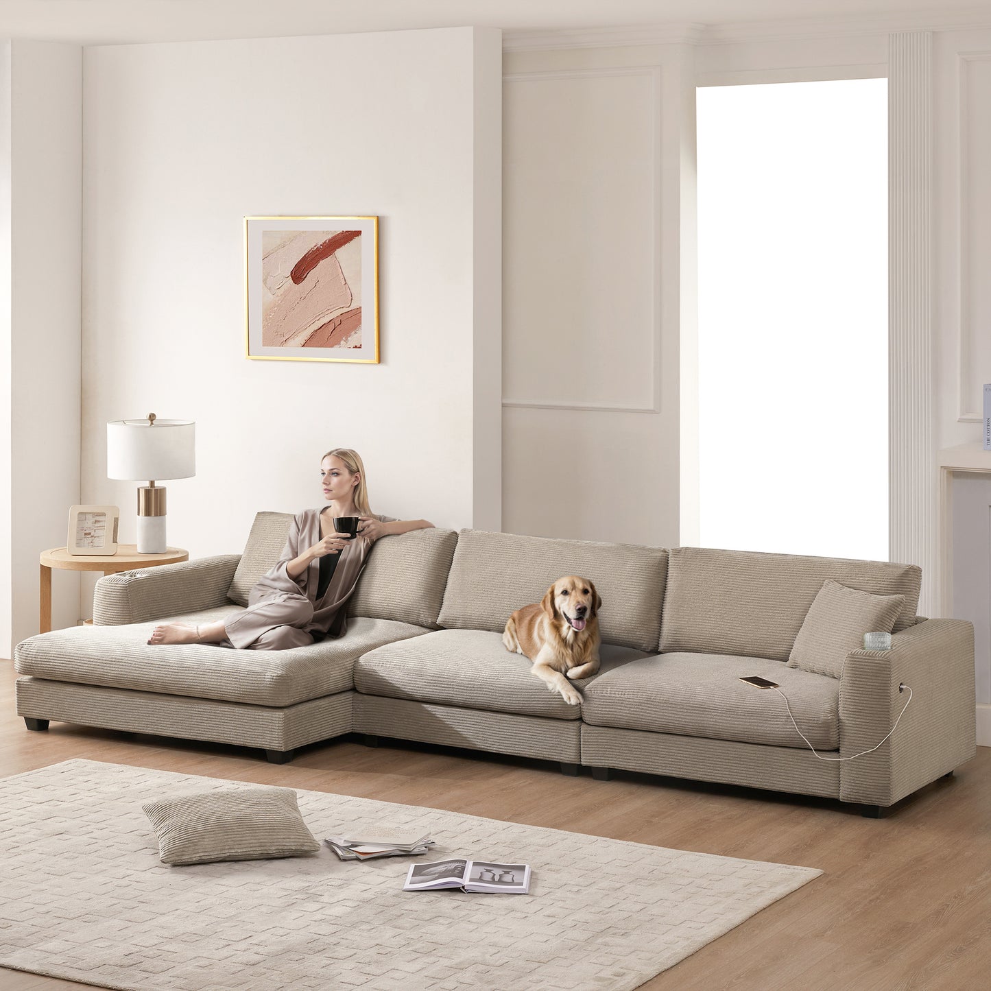 Oversized Corduroy Sectional Sofa, L Shaped Cloud Couch w/USB Charging Port, Cup Holder, Deep Seat Sofa Bed w/50" Chaise-Beige, Gray or Khaki