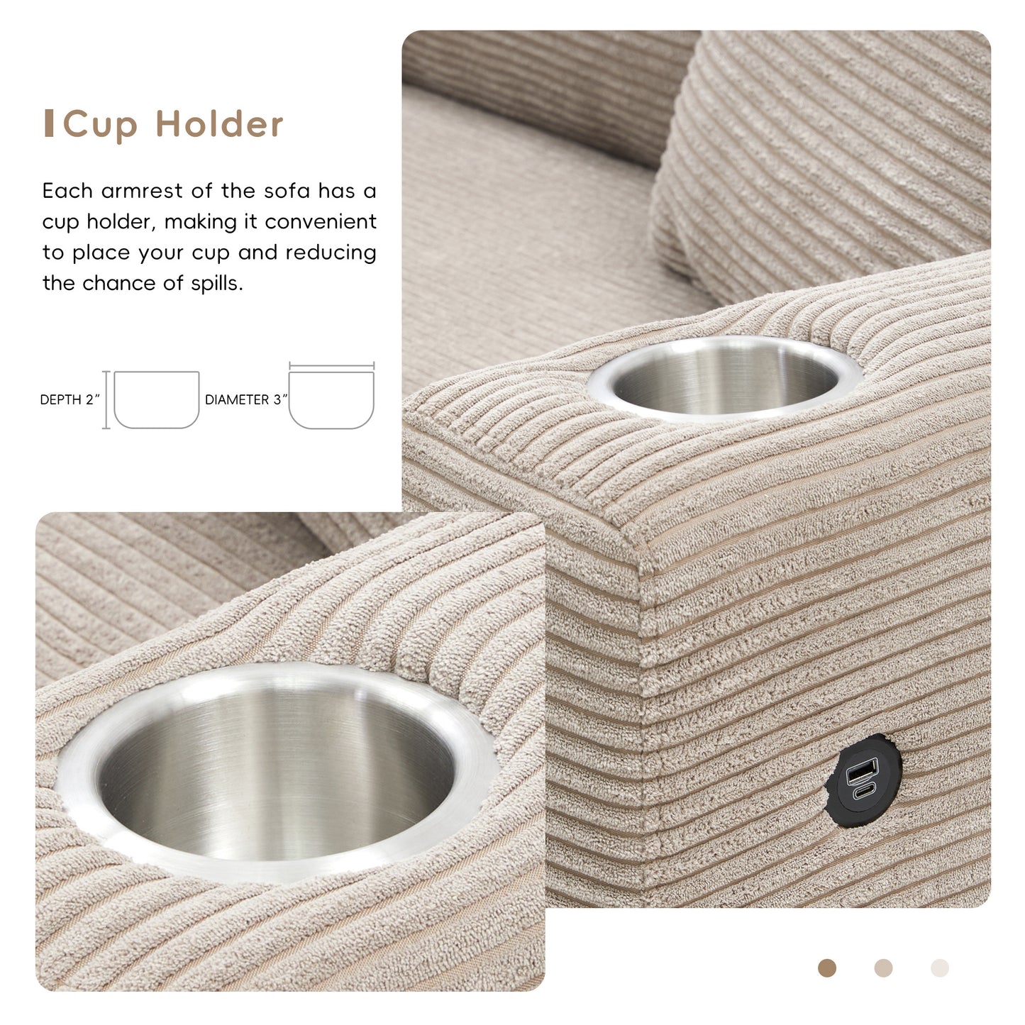 Oversized Corduroy Sectional Sofa, L Shaped Cloud Couch w/USB Charging Port, Cup Holder, Deep Seat Sofa Bed w/50" Chaise-Beige, Gray or Khaki