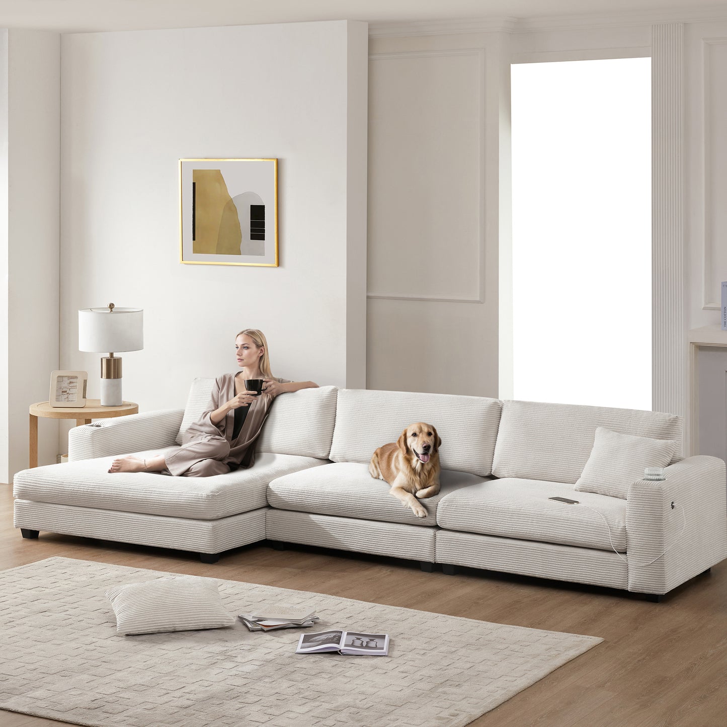 Oversized Corduroy Sectional Sofa, L Shaped Cloud Couch w/USB Charging Port, Cup Holder, Deep Seat Sofa Bed w/50" Chaise-Beige, Gray or Khaki