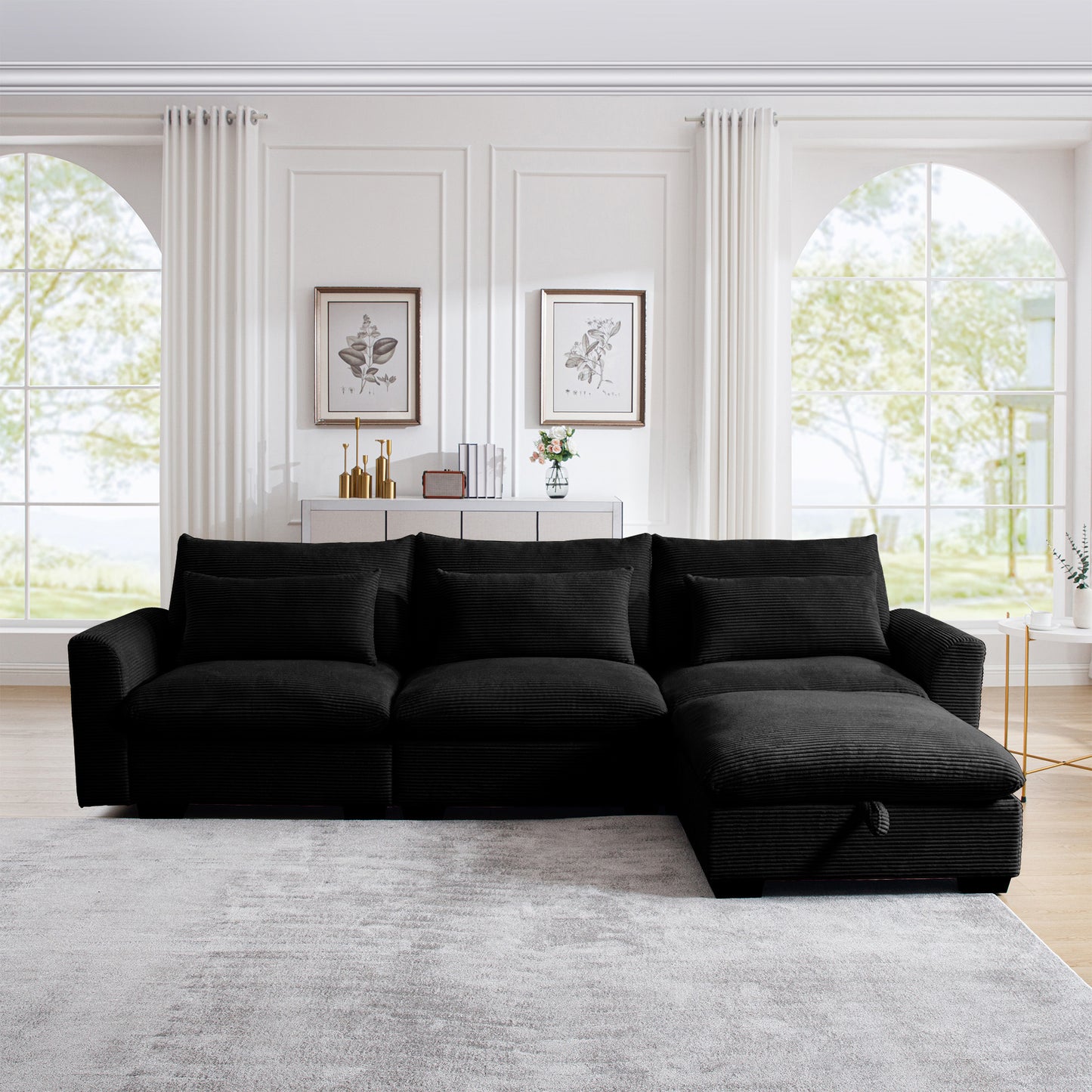 L-Shaped Corduroy Sectional Sofa Couch w/Storage Footstool and 3 Pillow-Black or Beige