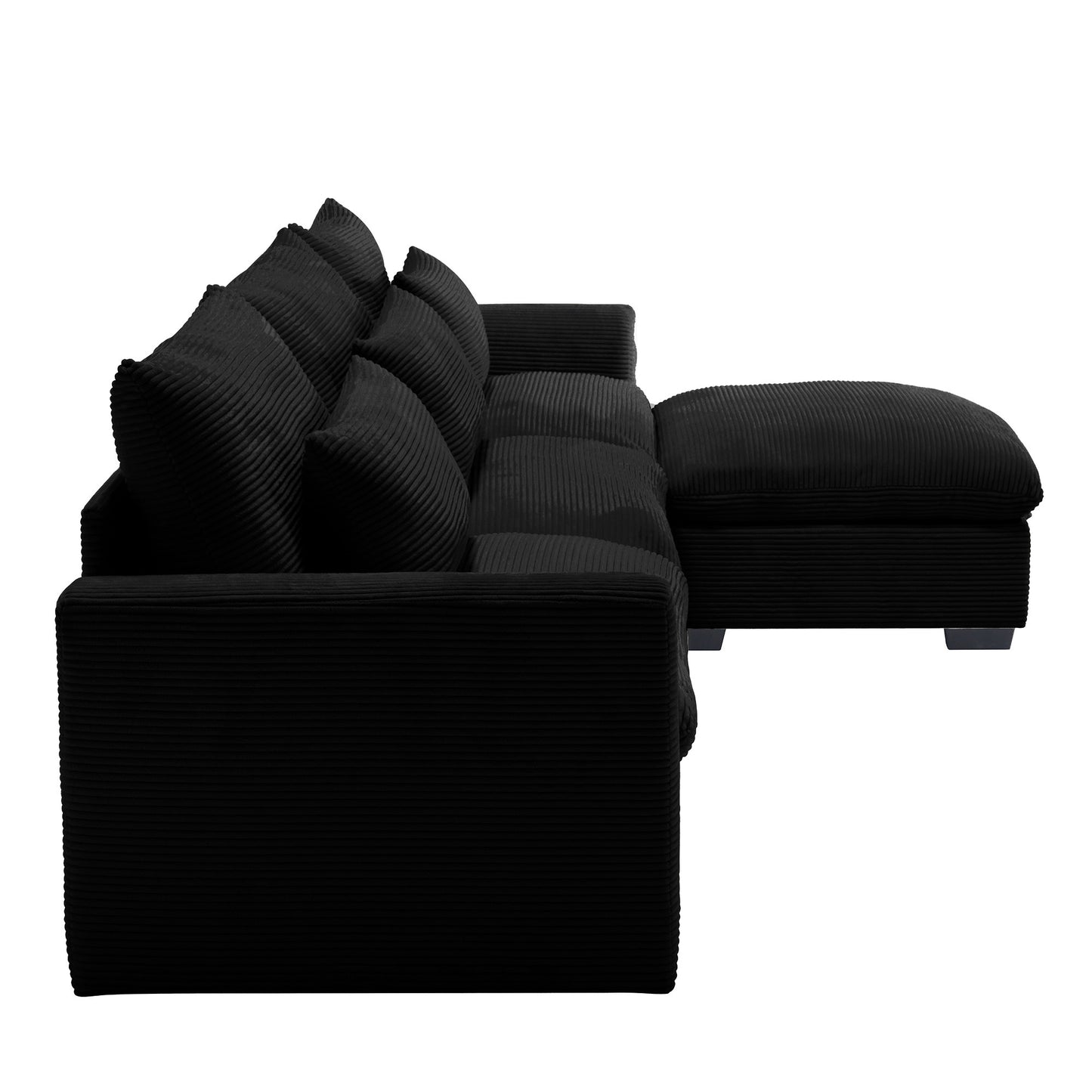 L-Shaped Corduroy Sectional Sofa Couch w/Storage Footstool and 3 Pillow-Black or Beige