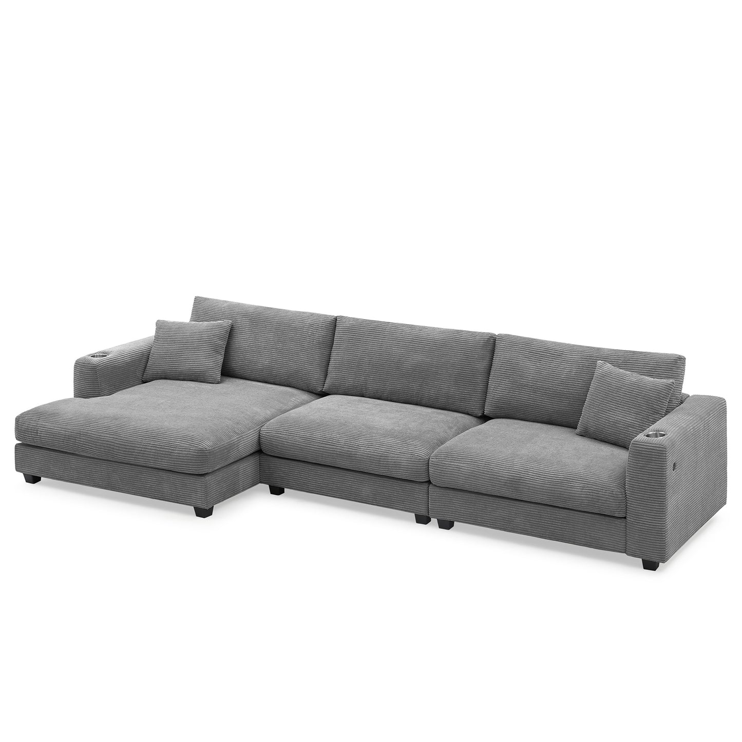 Oversized Corduroy Sectional Sofa, L Shaped Cloud Couch w/USB Charging Port, Cup Holder, Deep Seat Sofa Bed w/50" Chaise-Beige, Gray or Khaki