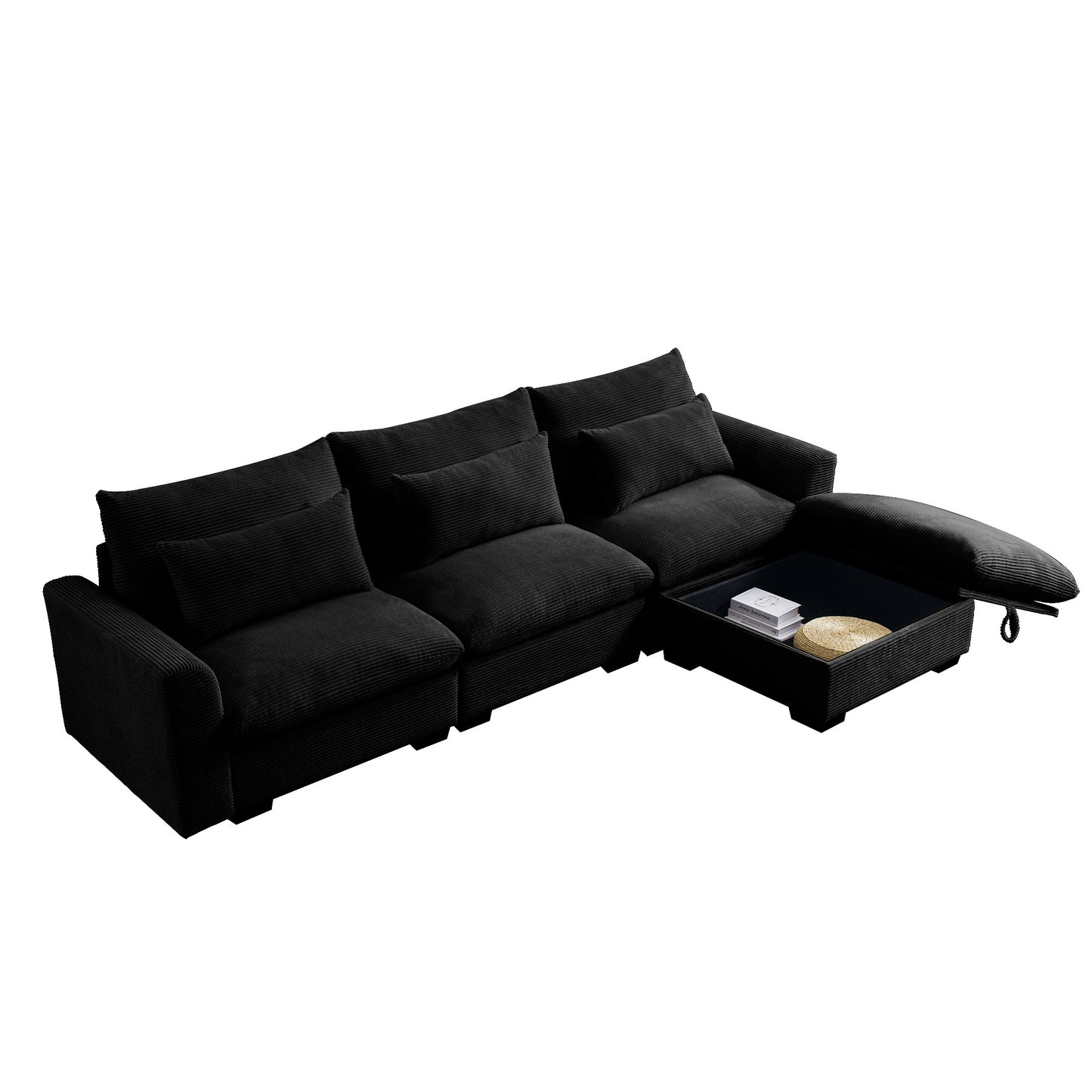 L-Shaped Corduroy Sectional Sofa Couch w/Storage Footstool and 3 Pillow-Black or Beige