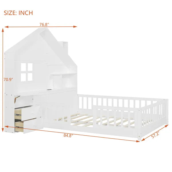 House Bed w/Window and Bedside Drawers, Platform Bed w/Shelves and a set of Sockets and USB Port in White-Twin