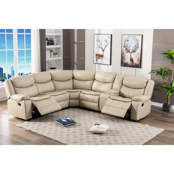 Modern L Shape Breath Leather Manual Reclining Sectional Sofa Set-Brown or Cream