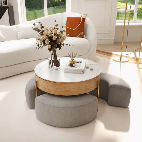 Modern Lift-Top Round Coffee Table w/Hidden Storage, Walnut Veneer & Sintered Stone Top, 3 Upholstered Nesting Ottomans, Space-Saving Design-Brown/Gray or Natural/Gray