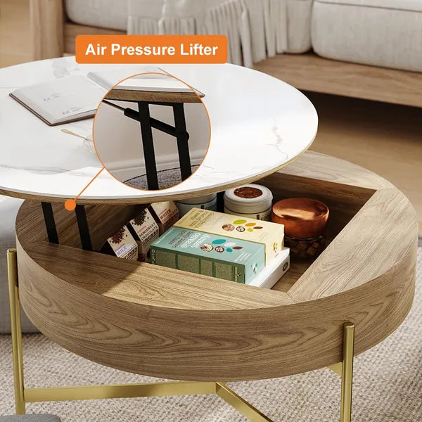 Modern Lift-Top Round Coffee Table w/Hidden Storage, Walnut Veneer & Sintered Stone Top, 3 Upholstered Nesting Ottomans, Space-Saving Design-Brown/Gray or Natural/Gray