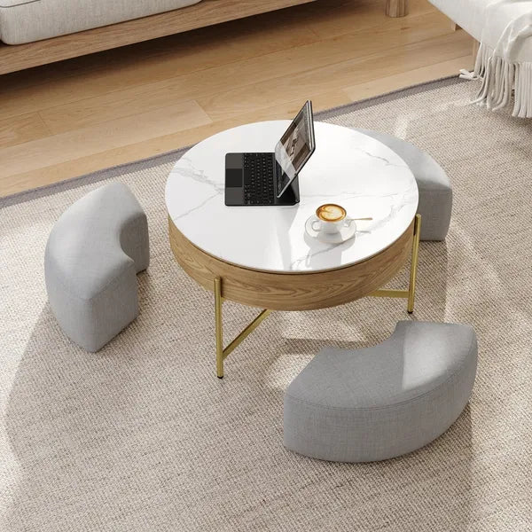 Modern Lift-Top Round Coffee Table w/Hidden Storage, Walnut Veneer & Sintered Stone Top, 3 Upholstered Nesting Ottomans, Space-Saving Design-Brown/Gray or Natural/Gray