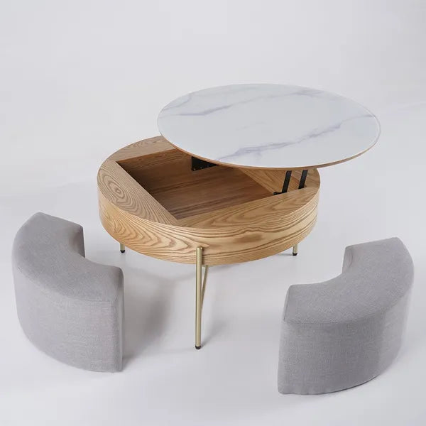 Modern Lift-Top Round Coffee Table w/Hidden Storage, Walnut Veneer & Sintered Stone Top, 3 Upholstered Nesting Ottomans, Space-Saving Design-Brown/Gray or Natural/Gray