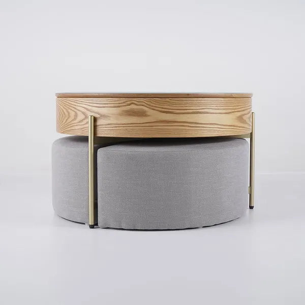 Modern Lift-Top Round Coffee Table w/Hidden Storage, Walnut Veneer & Sintered Stone Top, 3 Upholstered Nesting Ottomans, Space-Saving Design-Brown/Gray or Natural/Gray