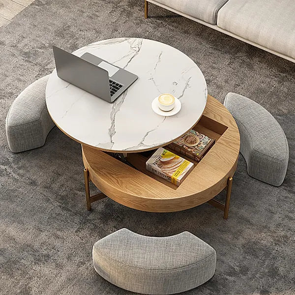 Modern Lift-Top Round Coffee Table w/Hidden Storage, Walnut Veneer & Sintered Stone Top, 3 Upholstered Nesting Ottomans, Space-Saving Design-Brown/Gray or Natural/Gray