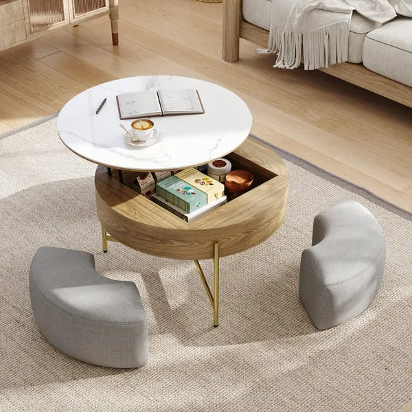 Modern Lift-Top Round Coffee Table w/Hidden Storage, Walnut Veneer & Sintered Stone Top, 3 Upholstered Nesting Ottomans, Space-Saving Design-Brown/Gray or Natural/Gray