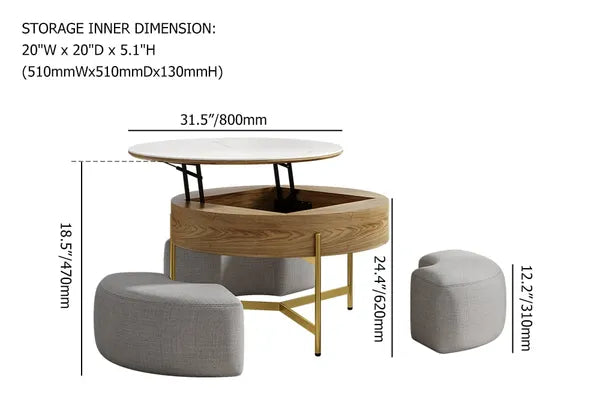 Modern Lift-Top Round Coffee Table w/Hidden Storage, Walnut Veneer & Sintered Stone Top, 3 Upholstered Nesting Ottomans, Space-Saving Design-Brown/Gray or Natural/Gray