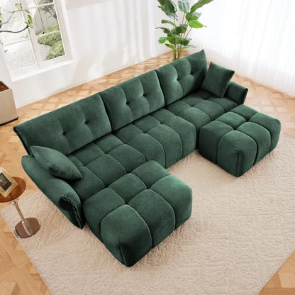 Modern 110" Elegant Textured Chenille Fabric 3-Seater Sofa Set w/2Ottomans, Throw Pillows, Sturdy Solid Wood Frame Couch-Blue, Green, White or Burnt Orange