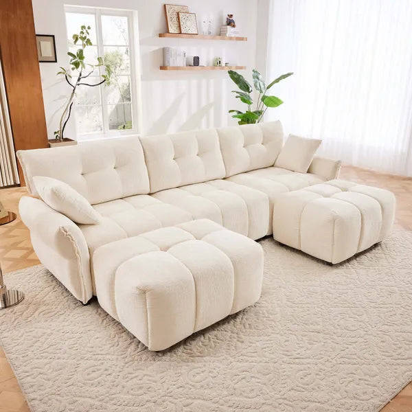 Modern 110" Elegant Textured Chenille Fabric 3-Seater Sofa Set w/2Ottomans, Throw Pillows, Sturdy Solid Wood Frame Couch-Blue, Green, White or Burnt Orange