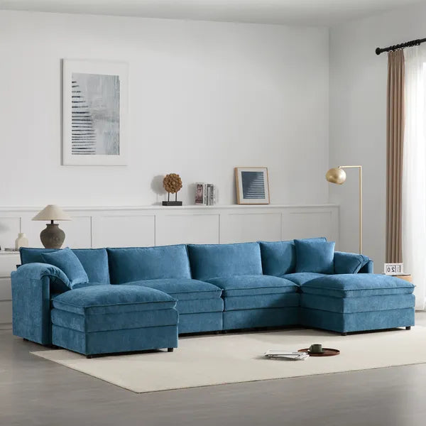 Modern 136" Chenille Modular Sectional Sofa w/Deep and Wide Seat, Cloud Couch Set w/Double Cushions, 6 Seat Sofa w/ Movable Ottomans, Oversized Indoor Furniture-Cream, Dark Gray or Blue