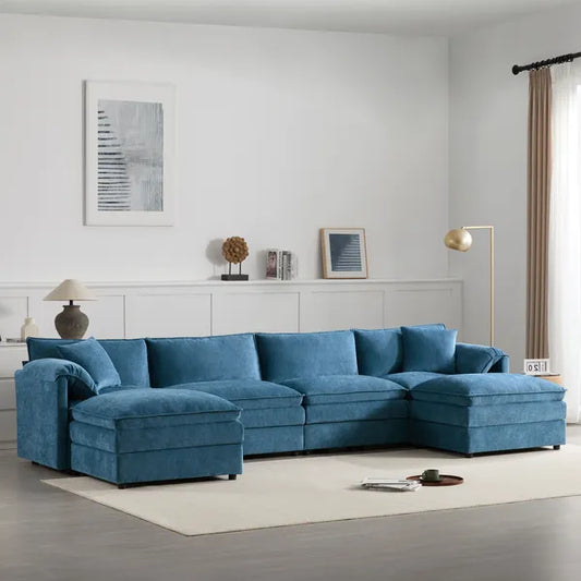 Modern 136" Chenille Modular Sectional Sofa w/Deep and Wide Seat, Cloud Couch Set w/Double Cushions, 6 Seat Sofa w/ Movable Ottomans, Oversized Indoor Furniture-Cream, Dark Gray or Blue