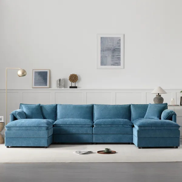 Modern 136" Chenille Modular Sectional Sofa w/Deep and Wide Seat, Cloud Couch Set w/Double Cushions, 6 Seat Sofa w/ Movable Ottomans, Oversized Indoor Furniture-Cream, Dark Gray or Blue