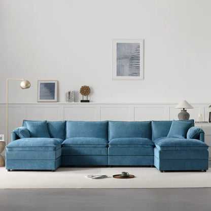 Modern 136" Chenille Modular Sectional Sofa w/Deep and Wide Seat, Cloud Couch Set w/Double Cushions, 6 Seat Sofa w/ Movable Ottomans, Oversized Indoor Furniture-Cream, Dark Gray or Blue