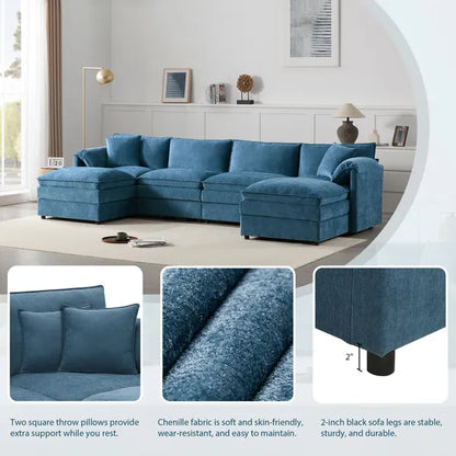 Modern 136" Chenille Modular Sectional Sofa w/Deep and Wide Seat, Cloud Couch Set w/Double Cushions, 6 Seat Sofa w/ Movable Ottomans, Oversized Indoor Furniture-Cream, Dark Gray or Blue