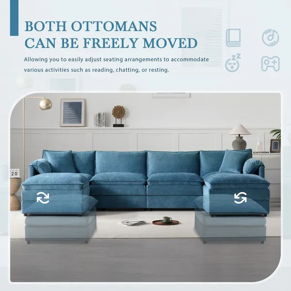 Modern 136" Chenille Modular Sectional Sofa w/Deep and Wide Seat, Cloud Couch Set w/Double Cushions, 6 Seat Sofa w/ Movable Ottomans, Oversized Indoor Furniture-Cream, Dark Gray or Blue