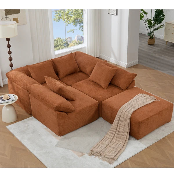 5 Piece Chenille Modular Sectional Sofa, Convertible Sleeper Couch, Full-Compressed Free-Combined Couch, 5 Seater & Ottoman-Gray or Orange