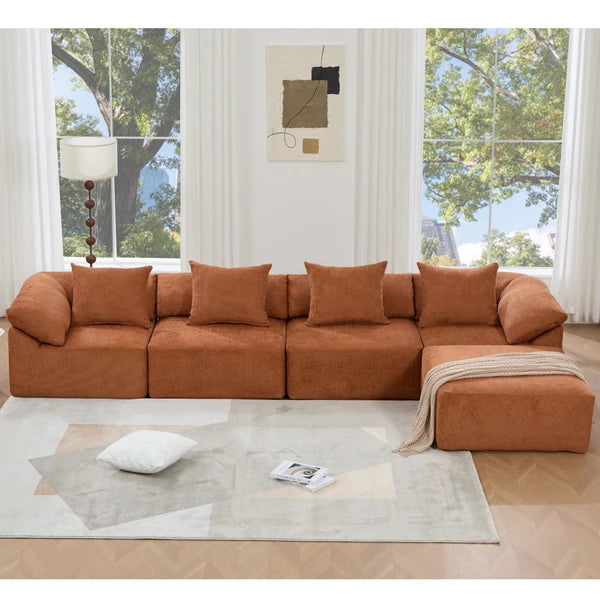 5 Piece Chenille Modular Sectional Sofa, Convertible Sleeper Couch, Full-Compressed Free-Combined Couch, 5 Seater & Ottoman-Gray or Orange