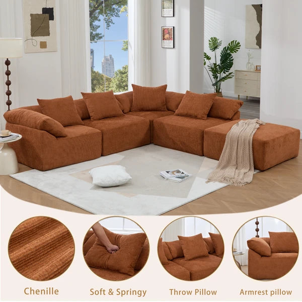 5 Piece Chenille Modular Sectional Sofa, Convertible Sleeper Couch, Full-Compressed Free-Combined Couch, 5 Seater & Ottoman-Gray or Orange