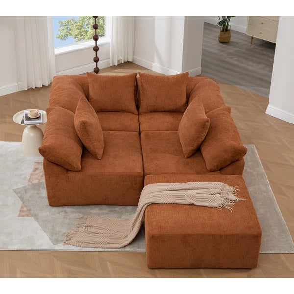 5 Piece Chenille Modular Sectional Sofa, Convertible Sleeper Couch, Full-Compressed Free-Combined Couch, 5 Seater & Ottoman-Gray or Orange