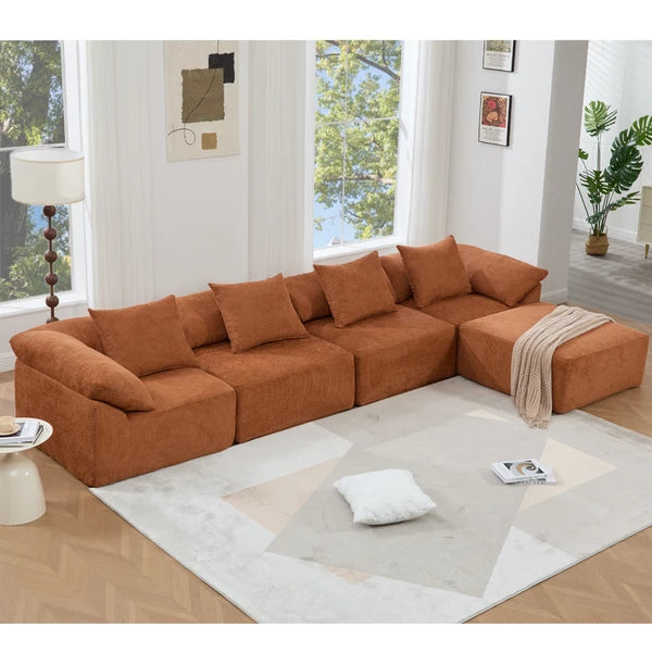 5 Piece Chenille Modular Sectional Sofa, Convertible Sleeper Couch, Full-Compressed Free-Combined Couch, 5 Seater & Ottoman-Gray or Orange